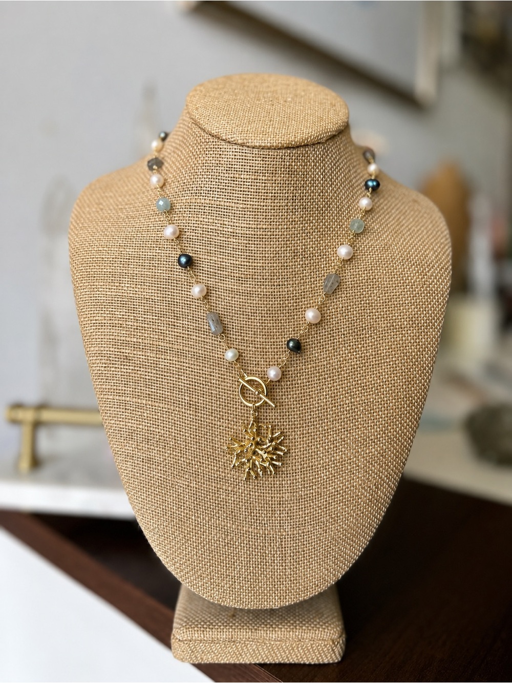 Handmade Freshwater Pearl Labradorite Aquamarine Necklace GF Coral Pendant
